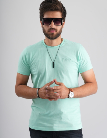 Sea green  Round Neck T-Shirt with Pablo Embroidery